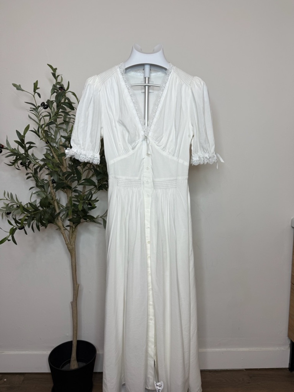 Reformation White Lace-Trim Button-Front Maxi Dress